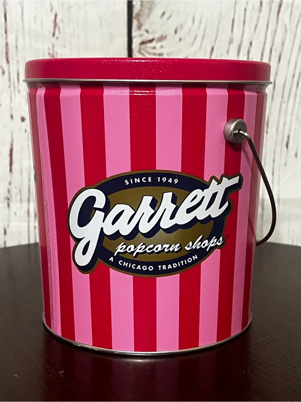 Garrett Popcorn Shops Pink & Red Striped Tin Bucket
